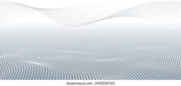 Líneas de partículas fluidas sobre fondo de puntos de semitonos con fondo abstracto gris y blanco. Futura Ilustración vectorial del concepto de tecnología de red digital