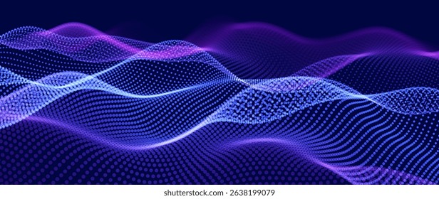 Flowing Particle Wave With Glowing Dots in Blue and Purple on a Dark Background. Ideal for AI, Sound, or Technology Concepts. Vector Illustration.
