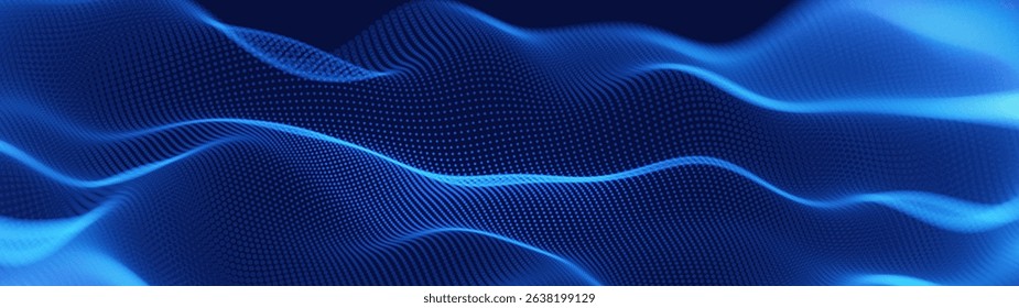 Flowing Particle Wave With Glowing Dots in Blue and Purple on a Dark Background. Ideal for AI, Sound, or Technology Concepts. Vector Illustration.