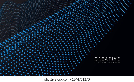 Flowing particles abstract wave line background, smooth curvy shape dots fluid on dark background for design for banners, posters, covers.