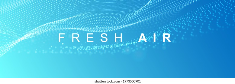 Flowing particles with depth of field. Particle waves showing a stream of clean fresh air. Air flow. Vector illustration.