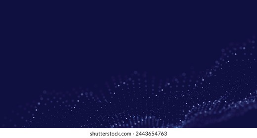 Flowing particles dots, wave pattern curve halftone shape isolated on dark background. Vector background concept of modern technology, science.