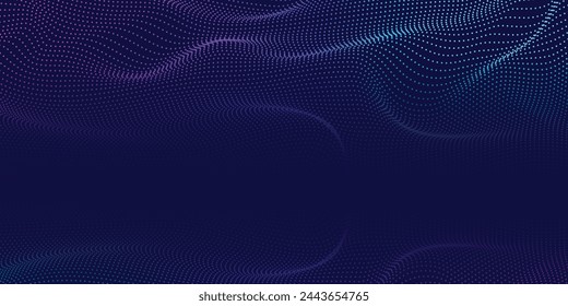 Flowing particles dots, wave pattern curve halftone shape isolated on dark background. Vector background concept of modern technology, science.