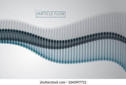 Flowing particles wave, dynamic sound motion. 3d vector illustration. Beautiful wave shaped array of blurred dots.