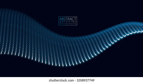 Flowing particles wave, dynamic sound motion. 3d vector illustration. Beautiful wave shaped array of glowing dots.