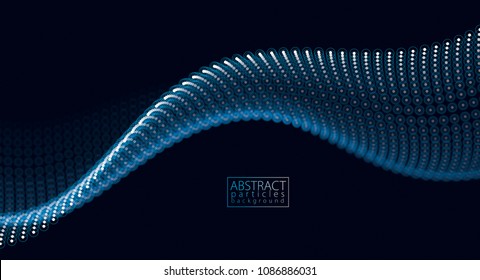 Flowing particles wave, dynamic sound motion. 3d vector illustration. Beautiful wave shaped array of glowing dots.