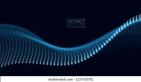 Flowing particles wave, dynamic sound motion. 3d vector illustration. Beautiful wave shaped array of glowing dots.