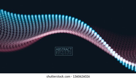 Flowing particles wave, dynamic sound motion. 3d vector illustration. Beautiful wave shaped array of glowing dots.