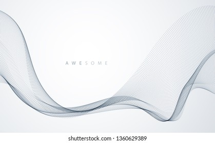 Flowing particles wave, dynamic sound motion curve lines. 3d vector illustration. Beautiful wave shaped array of blended points.