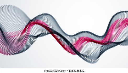 Flowing particles wave, dynamic sound motion curve lines. 3d vector illustration. Beautiful wave shaped array of blended points.