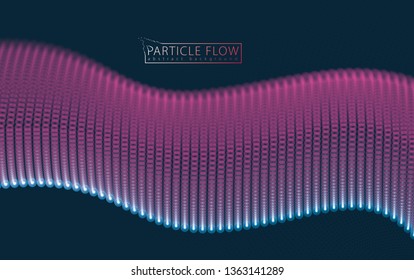 Flowing particles wave, dynamic sound motion. 3d vector illustration. Beautiful wave shaped array of glowing dots.