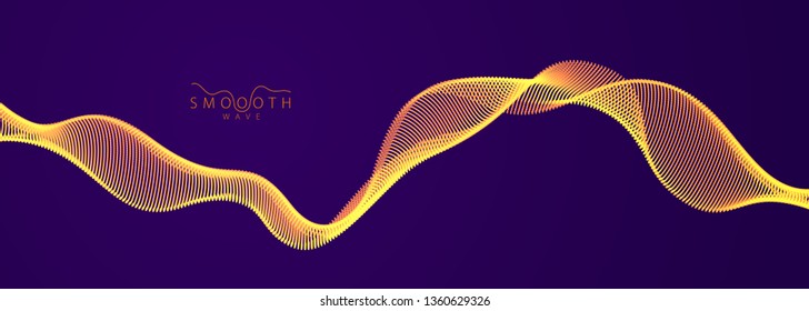 Flowing particles wave over dark background, dynamic sound motion curve lines. 3d vector illustration. Beautiful wave shaped array of shining blended points.