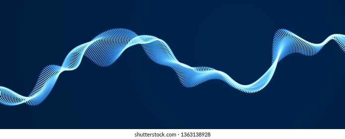 Flowing particles wave over dark background, dynamic sound motion curve lines. 3d vector illustration. Beautiful wave shaped array of shining blended points.