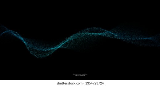 Flowing particles wave pattern blue and green color isolated on black background. Vector in concept of AI technology, science, music.