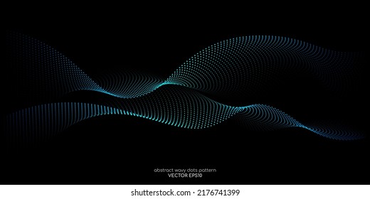 Flowing particles wave pattern, blue and green color isolated on black background. Vector in concept of AI technology, science, music.