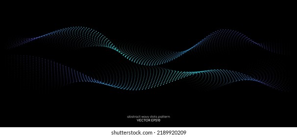 Flowing particles wave pattern, blue and green color isolated on black background. Vector in concept of AI technology, science, music.