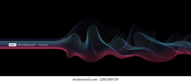Flowing particles wave pattern blue and red color isolated on a black background. Vector in concept of AI technology, science, music.