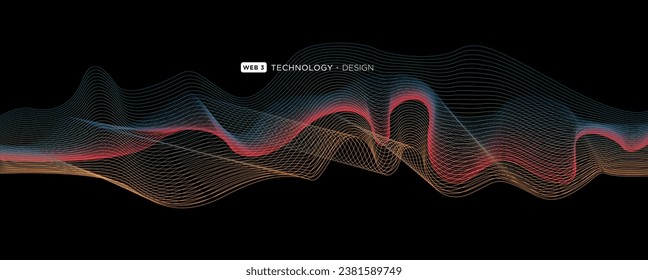 Flowing particles wave pattern blue and red color isolated on a black background. Vector in concept of AI technology, science, music.