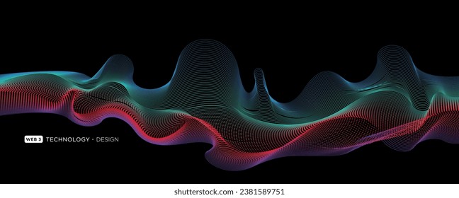 Flowing particles wave pattern blue and red color isolated on a black background. Vector in concept of AI technology, science, music.