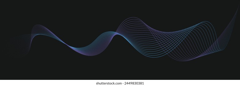 Flowing particles wave pattern, blue and green color isolated on black background. Vector in concept of AI technology, science, music.