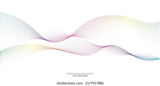 Patrón de ondas de partículas flotantes, gradiente de colores de espectro colorido aislado en fondo blanco. Vector en concepto de tecnología de la IA, ciencia, música, moderno.