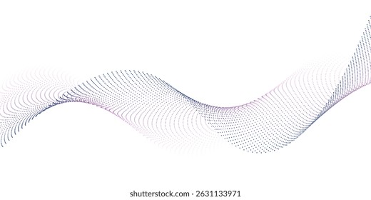 Flowing particles wave pattern colorful gradient blue purple pink isolated on white background. Vector in concept of AI technology, science, music, modern.