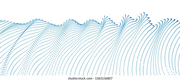 Flowing particles wave, transparent tulle textile on wind, dynamic motion curve lines. 3d vector illustration. Beautiful calming wave shaped array of blended points.