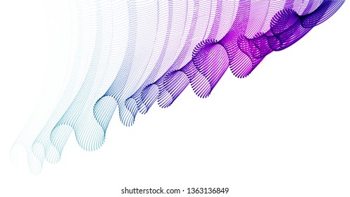 Flowing particles wave, transparent tulle textile on wind, dynamic motion curve lines. 3d vector illustration. Beautiful calming wave shaped array of blended points.