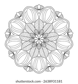 Flowing Petal Mandala Coloring Page Vector - Organic Leaf Design with Curved Lines and Natural Sacred Geometry Patterns