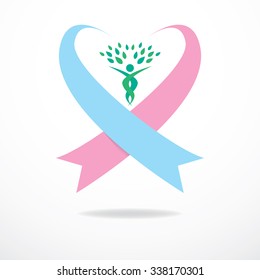 Flowing pink and blue ribbons flow together to create a heart shape. A person with their arms reaching outwards is designed to resemble a tree, placed at middle of heart.