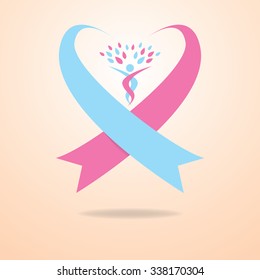 Flowing pink and blue ribbons flow together to create a heart shape. A person with their arms reaching outwards is designed to resemble a tree, placed at middle of heart.