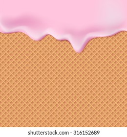 Flowing pink glaze on wafer texture sweet food vector background abstract. Melt icing on waffle seamless pattern. Editable - Easy change colors.