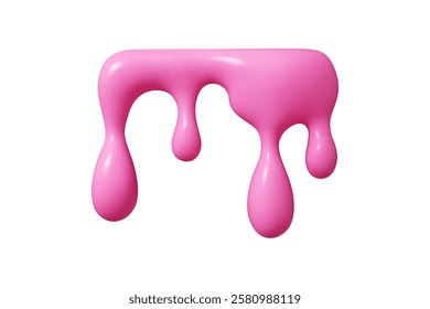 Flowing pink liquid 3d vector shape with dripping abstract blobs and smooth glossy surface. Viscous substance design element for creative digital art and fluid effects. Melted paint or syrup texture.