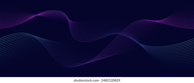 Flowing purple blue dots particles wave pattern halftone gradient curve shape isolated on dark background. Abstract glowing concept technology, futuristic, science, music, modern. Shiny moving lines.
