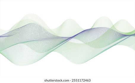 Flowing purple and green abstract waves on a white background. Abstract wavy wave flow.