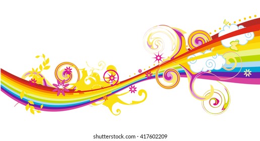 Flowing rainbow design with flowers, vector illustration