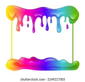  Flowing rainbow slime square frame. Dripping toxic viscous liquid on a black background. Vector cartoon illustration. 