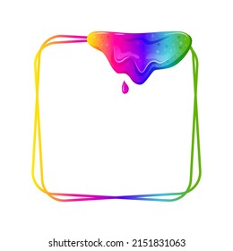  Flowing rainbow slime square frame. Dripping toxic viscous liquid on a black background. Vector cartoon illustration. 