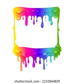  Flowing rainbow slime square frame. Dripping toxic viscous liquid on a black background. Vector cartoon illustration. 