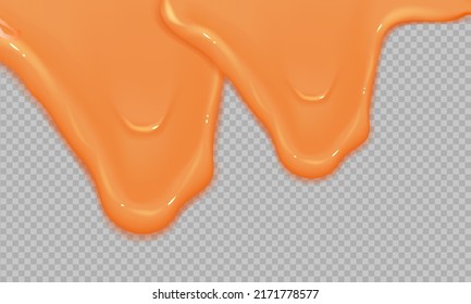 Flowing realistic liquid caramel on transparent background.Border of shiny flowing sticky.