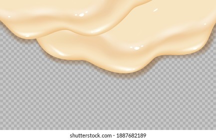 Flowing realistic liquid mayonnaise on transparent background.Spreading cheese, cream, milk, cream or yogurt.