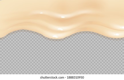 Flowing realistic liquid mayonnaise on transparent background.Spreading cheese, cream, milk, cream or yogurt.