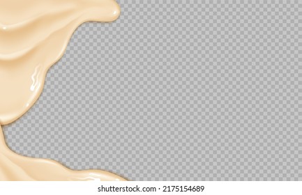 Flowing realistic liquid mayonnaise on transparent background.Spreading cheese, cream, milk, cream or yogurt.