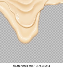 Flowing realistic liquid mayonnaise on transparent background.Spreading cheese, cream, milk, cream or yogurt.