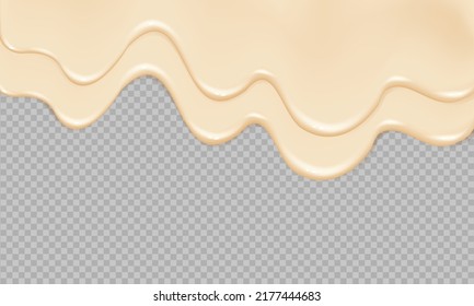 Flowing realistic liquid mayonnaise on transparent background.Spreading cheese, cream, milk, cream or yogurt.