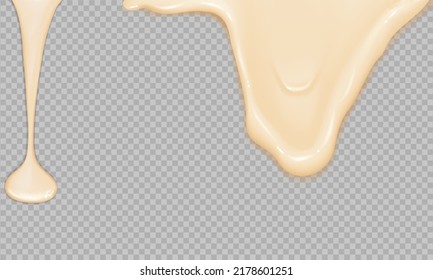 Flowing realistic liquid mayonnaise on transparent background.Spreading cheese, cream, milk, cream or yogurt.