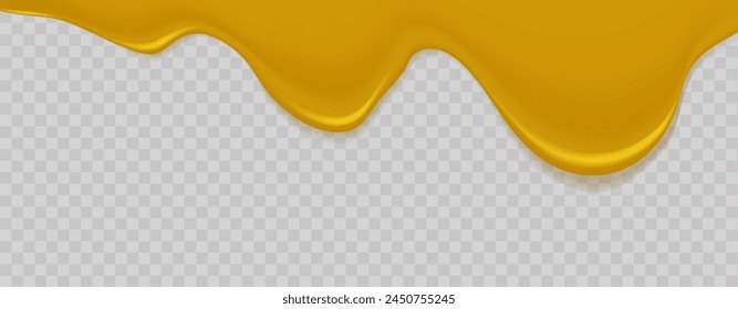  Flowing realistic liquid mustard on transparent background.Spreading cheese, cream, curry,cheddar.