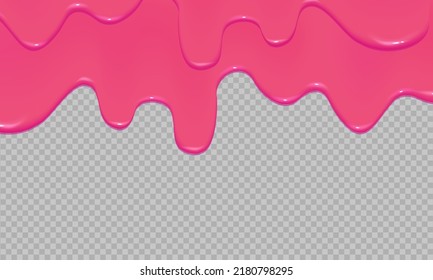 Flowing realistic pink sweet melting icing on transparent background.Dripping glossy pink slime.Spreading sause,cream, milk or caramel.Border of shiny flowing sticky.