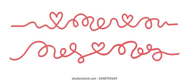 Linhas vermelhas fluindo com corações ajustados - fio contínuo fluindo que torce e gira. Linhas raveled. Definir linhas românticas, mão desenhada amor rabiscar linha. Elemento de giz infantil, uma linha desenhando corações.