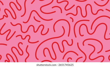 Flowing red ribbon-like curls twist over a vibrant pink canvas, creating a playful and energetic background ideal for festive and modern designs.